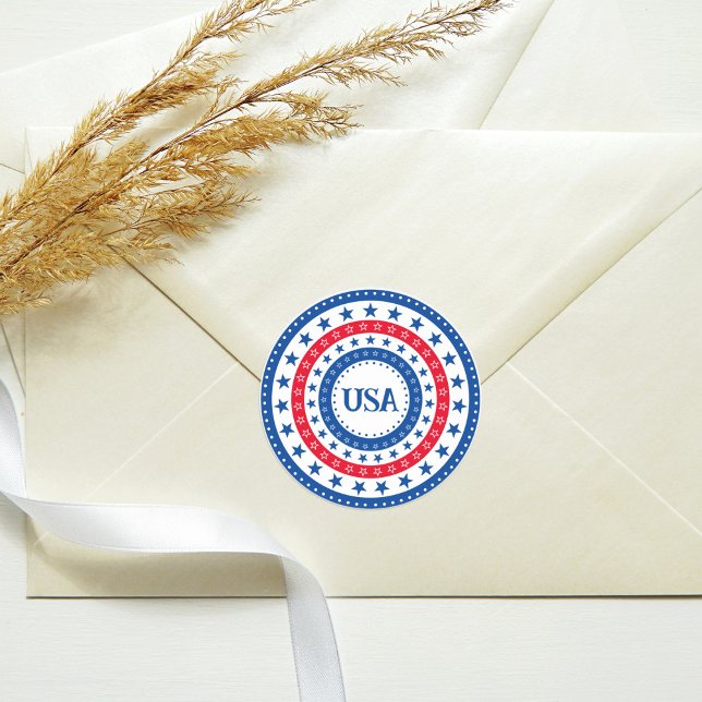 USA Red, White, and Blue Stars with Monogram Classic Round Sticker (Creator Uploaded)