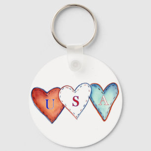 USA Red, White, & Blue America Hearts Keychain