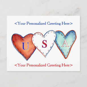 USA Red, White, & Blue American Hearts Postcard