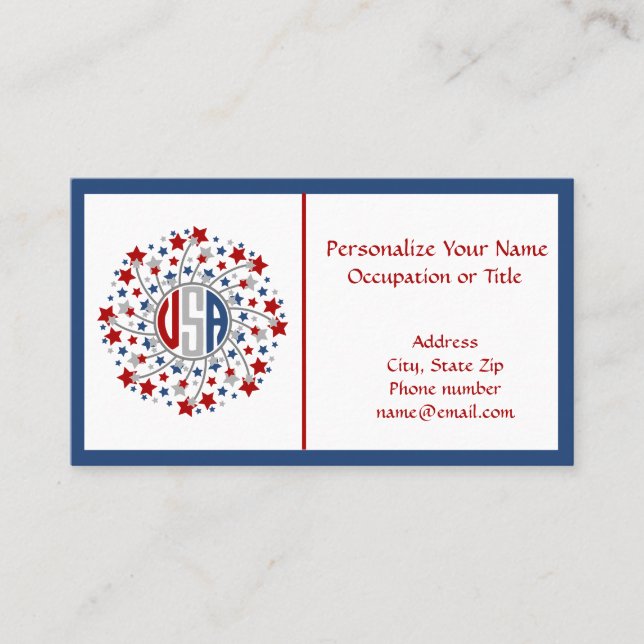 USA Red White Blue Fireworks Patriotic American Business Card (Front)