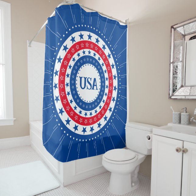 USA Red, White, Blue Stars Initials or Monogram Shower Curtain (In Situ)