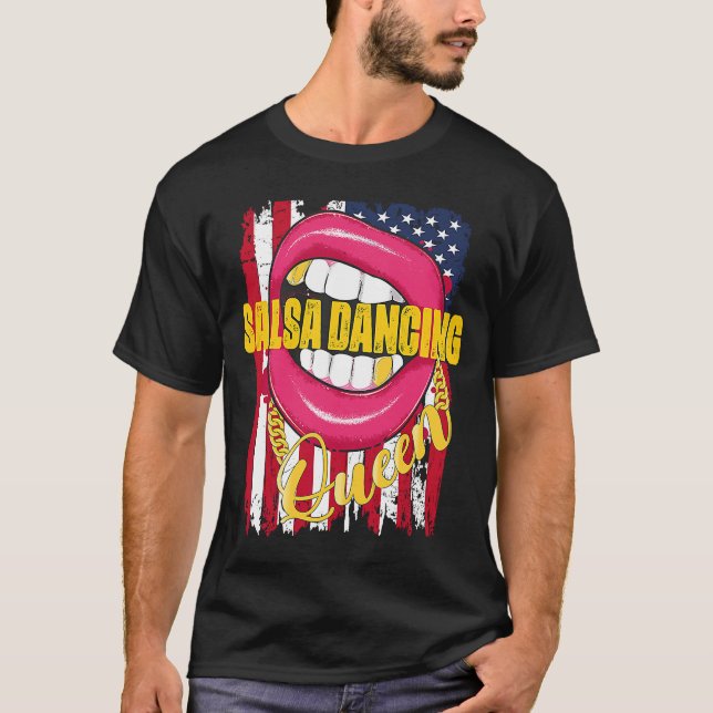 USA Salsa Queen Lips Golden Necklace Salsa Dance T-Shirt (Front)