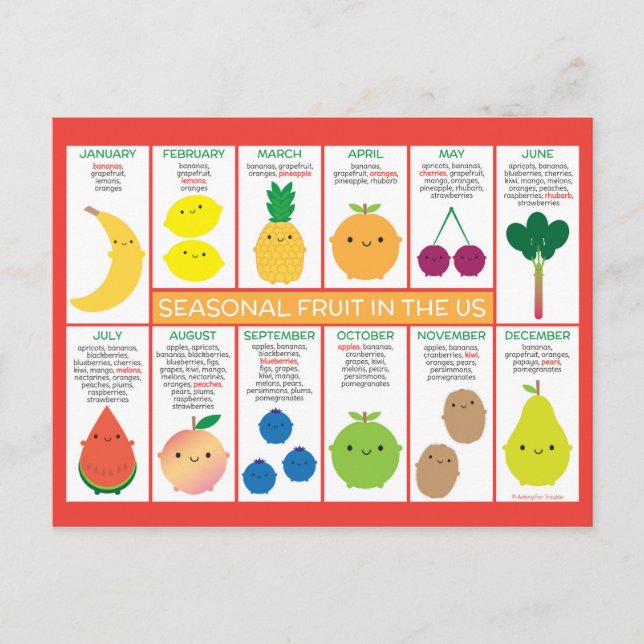 USA Seasonal Fruits Chart Postcard (Front)
