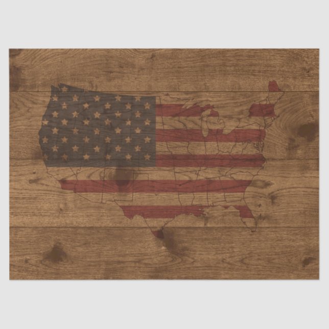 USA Shape American Flag Over Rustic Wood Patriotic Tissue Paper (Front)