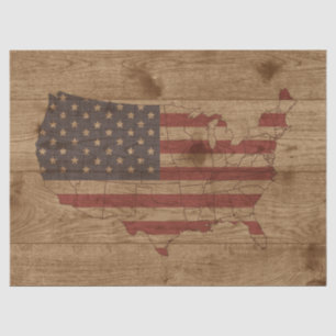 USA Shape American Flag Over Rustic Wood Patriotic Tissue Paper