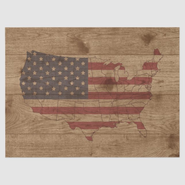 USA Shape American Flag Over Rustic Wood Patriotic Tissue Paper (Front)
