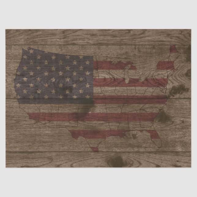 USA Shape American Flag Over Rustic Wood Patriotic Tissue Paper (Front)