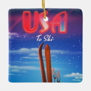 usa ski travel poster ceramic tree decoration