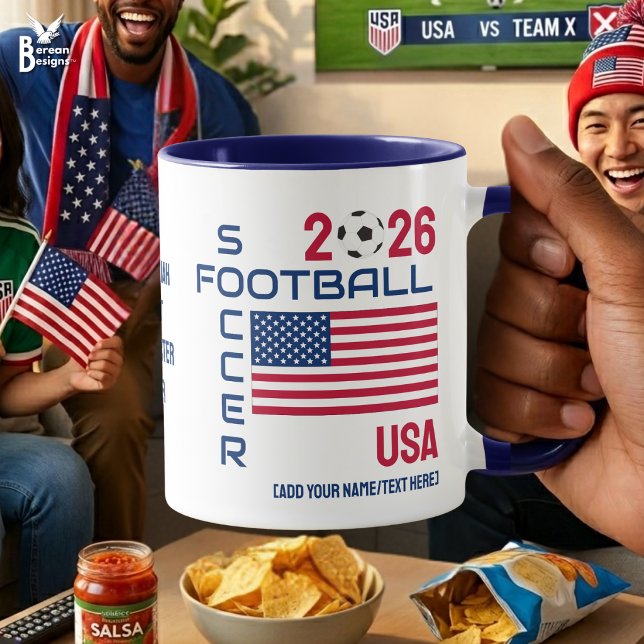 USA Soccer Custom 2026 ANY YEAR Mug (Patriotic USA SOCCER 2026 flag mug for World soccer fans. Customizable name, year and text.)