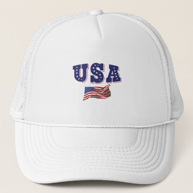 USA Soccer Fan Jersey Shirt American Flag Trucker Hat (Front)