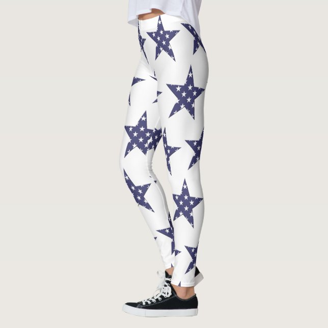 USA Stars Pattern Blue Patriotic Leggings (Left)
