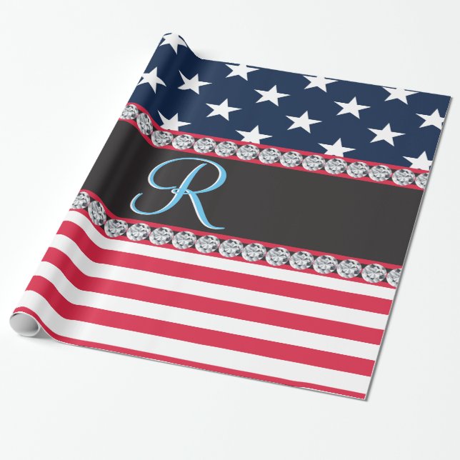 USA Stars Stripes Script Monogram Dazzling Wrapping Paper (Unrolled)