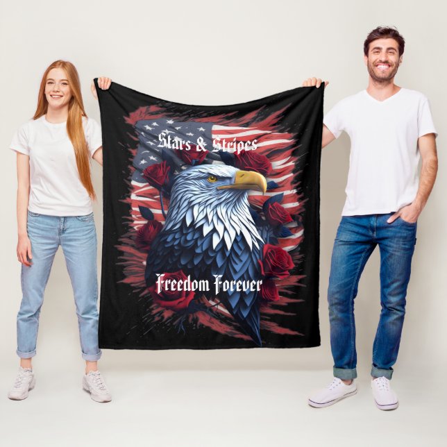 USA Stars & Strips Flag Bald Eagle & Roses Fleece Blanket (In Situ)