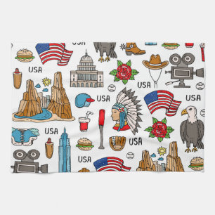 USA Symbols Vintage Seamless Pattern Tea Towel