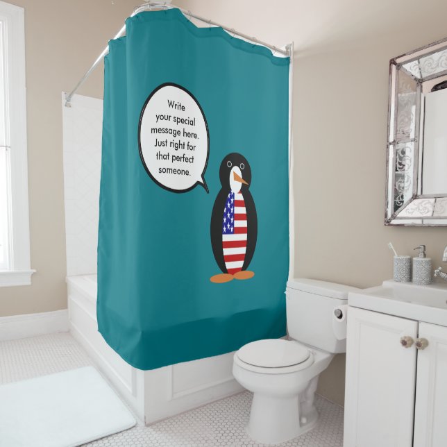 USA Talking Ms. Penguin Personalised Shower Curtain (In Situ)