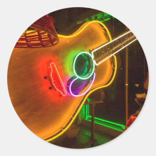 USA, Texas, Austin. Neon Guitar At Blackmail Classic Round Sticker