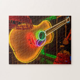 USA, Texas, Austin. Neon Guitar At Blackmail Jigsaw Puzzle