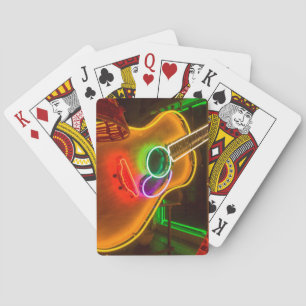 USA, Texas, Austin. Neon Guitar At Blackmail Playing Cards