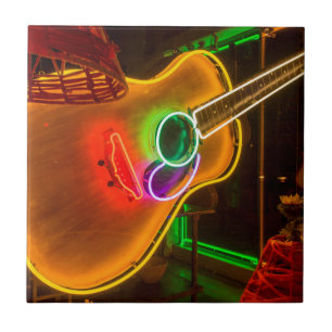 USA, Texas, Austin. Neon Guitar At Blackmail Tile