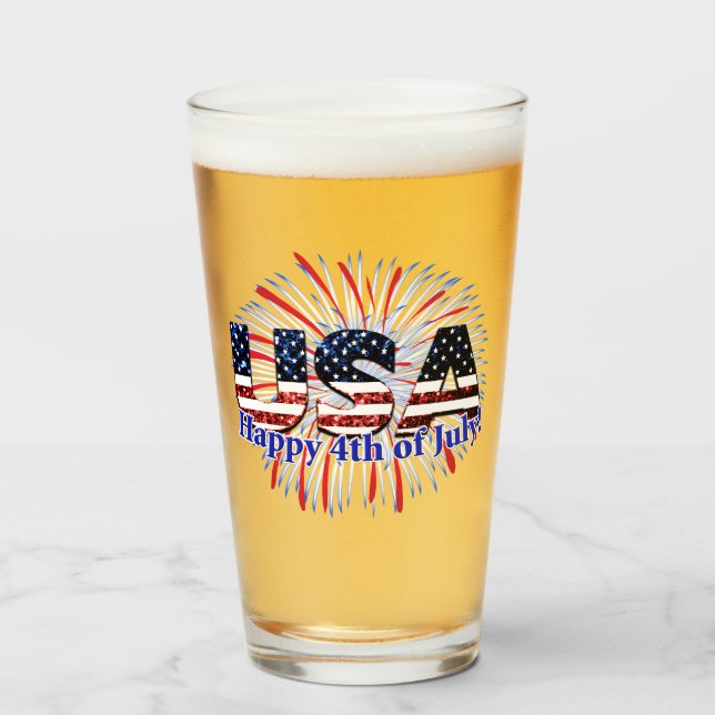 USA text flag glitters fireworks Happy 4th of July Glass (Front Filled)