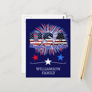 USA text flag glitters fireworks Happy 4th of July Postcard