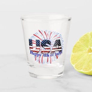 USA text flag glitters fireworks Happy 4th of July Shot Glass