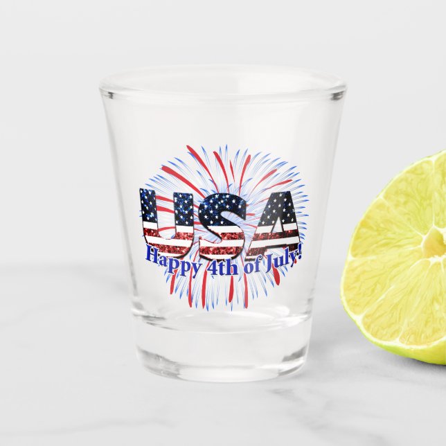 USA text flag glitters fireworks Happy 4th of July Shot Glass (Front)