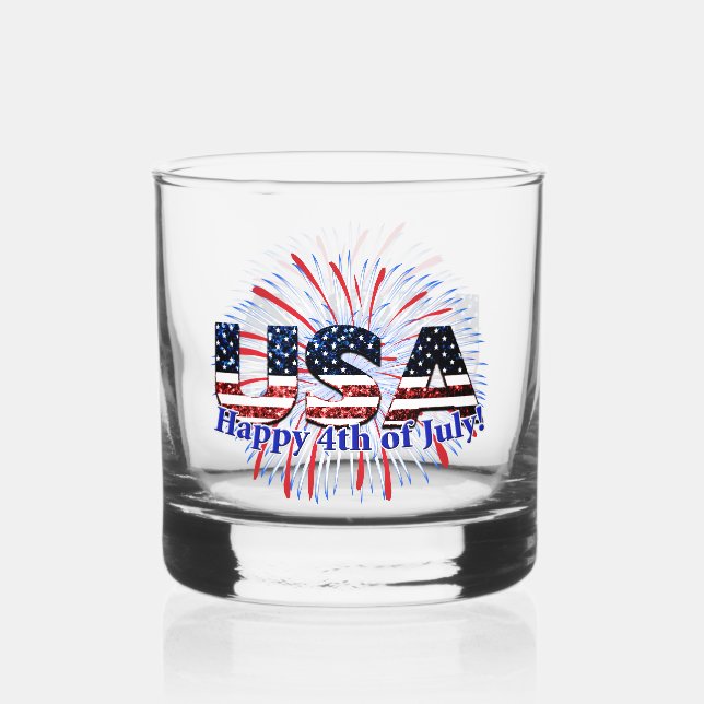 USA text flag glitters fireworks Happy 4th of July Whiskey Glass (Front)