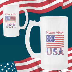 USA United States America Flag Red Personalisation Frosted Glass Beer Mug