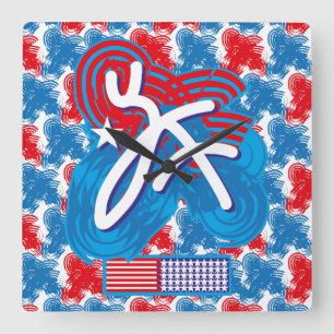 USA/USA FLAG SIMPLIFIED TEXT BY MASANSER PIXELAT SQUARE WALL CLOCK