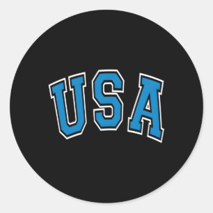 Usa Varsity Style Text Blue With White Outline Classic Round Sticker