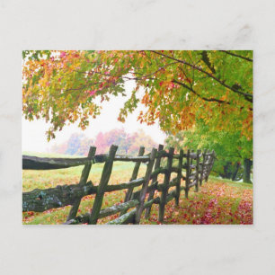 USA, Vermont. Fence under fall foliage. Postcard