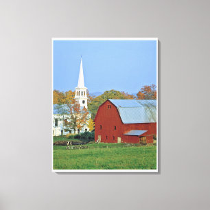 USA, Vermont, Peacham. A red barn and white Canvas Print