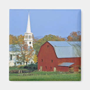 USA, Vermont, Peacham. A red barn and white Magnet