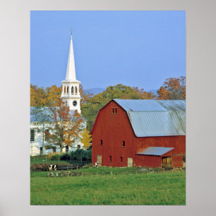 USA, Vermont, Peacham. A red barn and white Poster