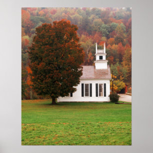 USA, Vermont, West Arlington, Chapel In Fall Poster