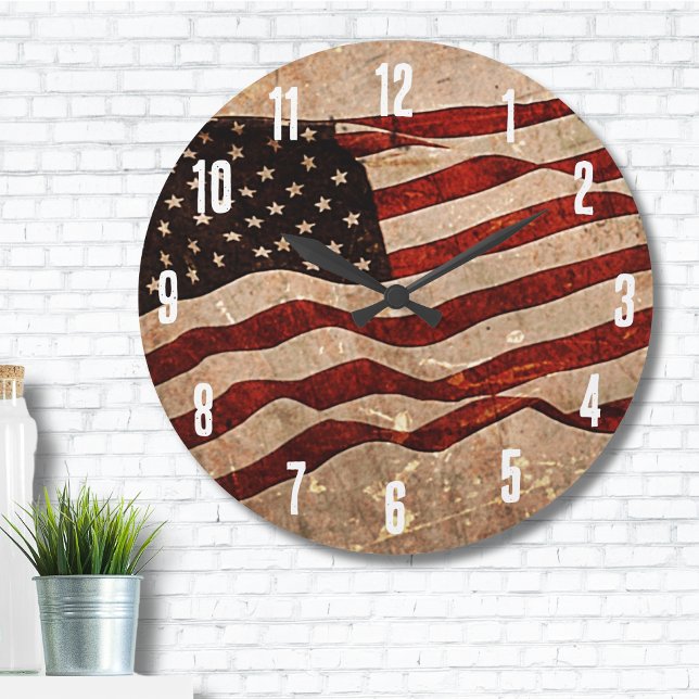 USA Vintage American Flag Large Clock (United States Patriotic USA Rustic American Flag Large Clock)