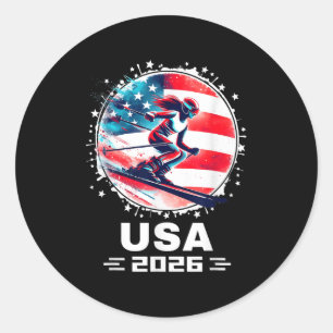 Usa Women United States American Flag Ski Skiing U Classic Round Sticker