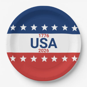 USA's 250th Anniversary 1776 2026 Red White Blue Paper Plate