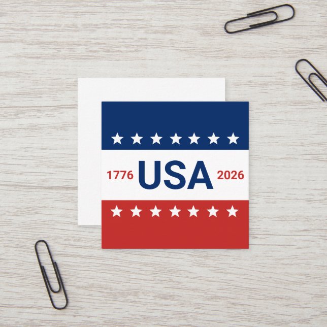 USA's 250th Anniversary 1776 2026 Red White Blue Square Business Card (Front/Back In Situ)