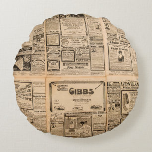 Used paper background. Old newspaper page with vin Round Cushion