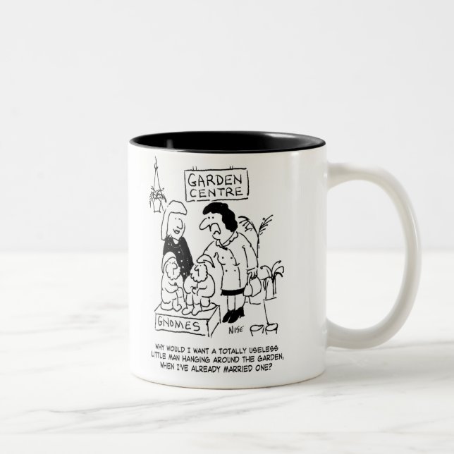 Useless Gnome in the Garden. Gardener Two-Tone Coffee Mug (Right)