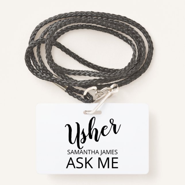 Usher Ask Me Name ID Badge (Front with Lanyard)