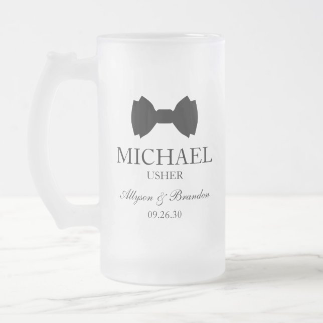 Usher Black Bow Tie Frosted Glass Beer Mug (Left)