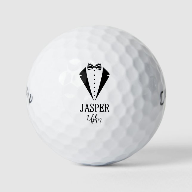 Usher Black Tuxedo With Striped Bow Tie Golf Balls (Front)