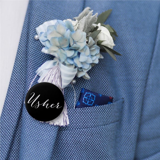 Usher Calligraphy Wedding Bridal Party Button (USHER Calligraphy Classic Script Chic Wedding Bridal Party Pinback Button @ fatfatin_blue_knot)