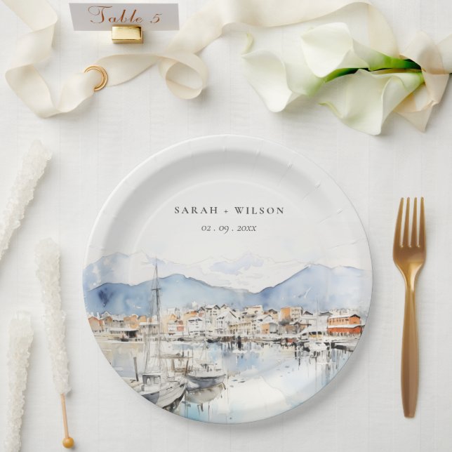 Ushuaia, Argentina Watercolor Landscape Wedding Paper Plate (Wedding)