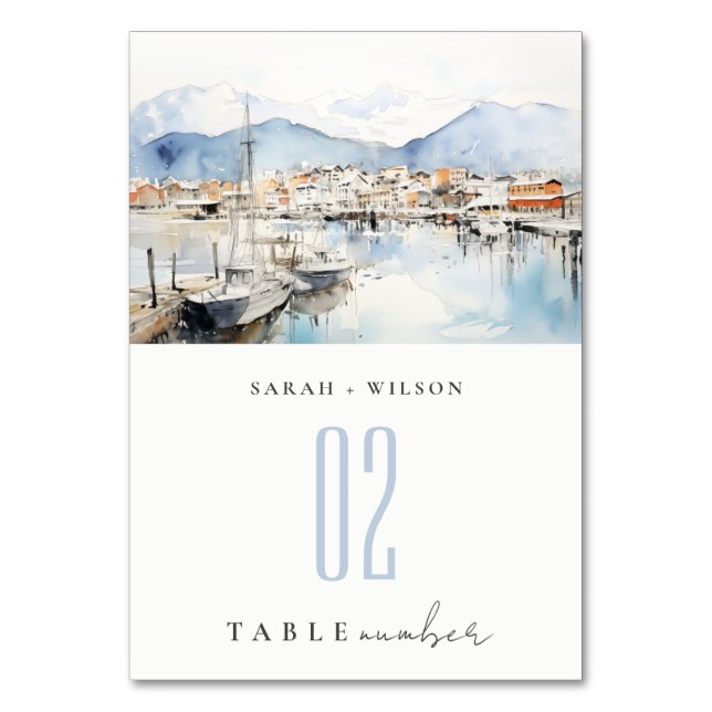 Ushuaia, Argentina Watercolor Landscape Wedding Table Number (Front)