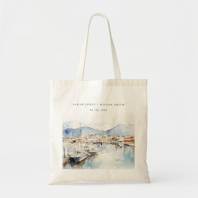 Ushuaia, Argentina Watercolor Landscape Wedding Tote Bag (Front)