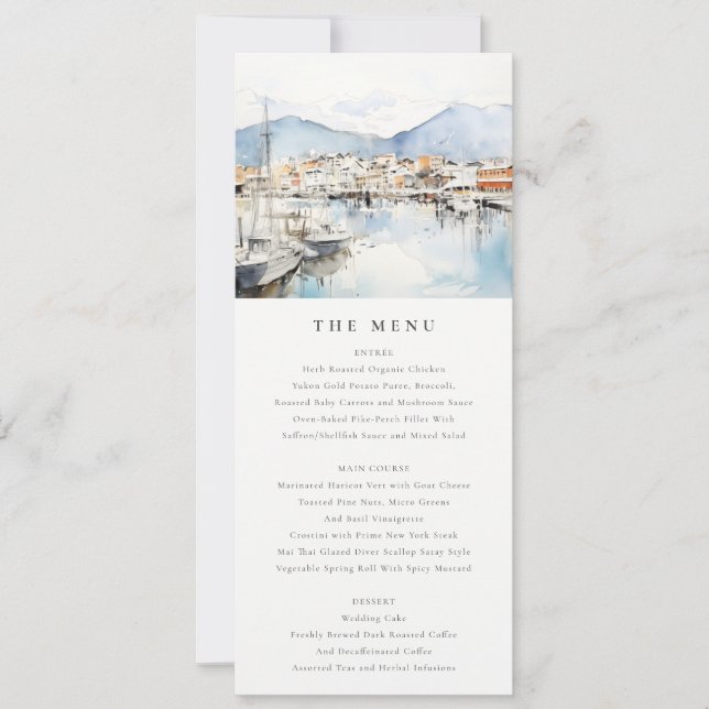 Ushuaia, Argentina Watercolor Scape Wedding Menu Invitation (Front)